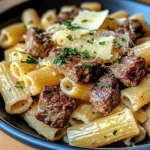 Garlic Butter Steak Tips with Cheesy Rigatoni