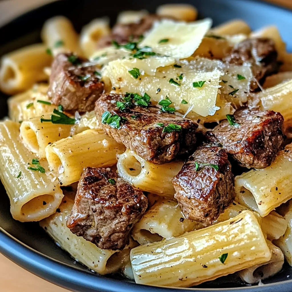 Garlic Butter Steak Tips with Cheesy Rigatoni