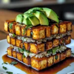 Crispy Teriyaki Tofu and Avocado Rice Stack