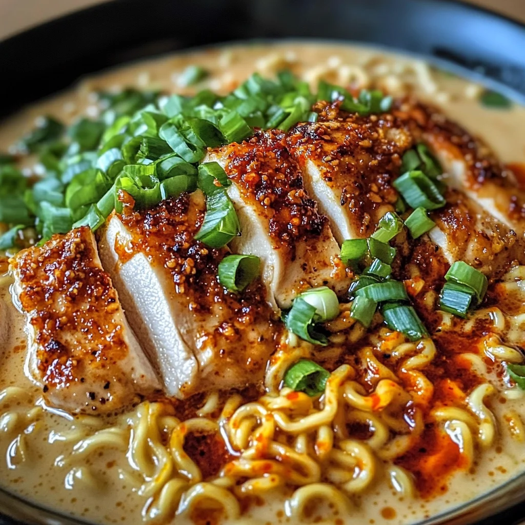 Fiery Chicken Ramen with Creamy Garlic Sauce