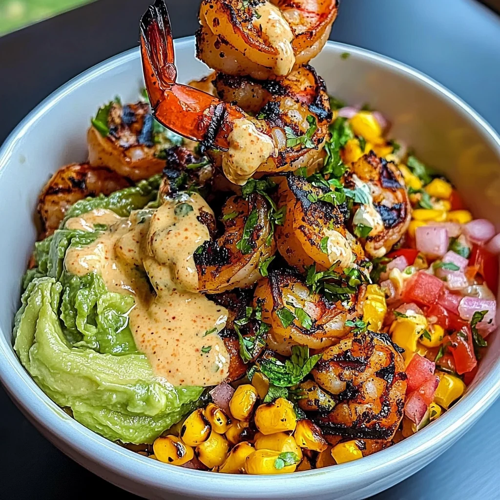 Grilled Shrimp Bowl with Avocado, Corn Salsa & Creamy Sauce
