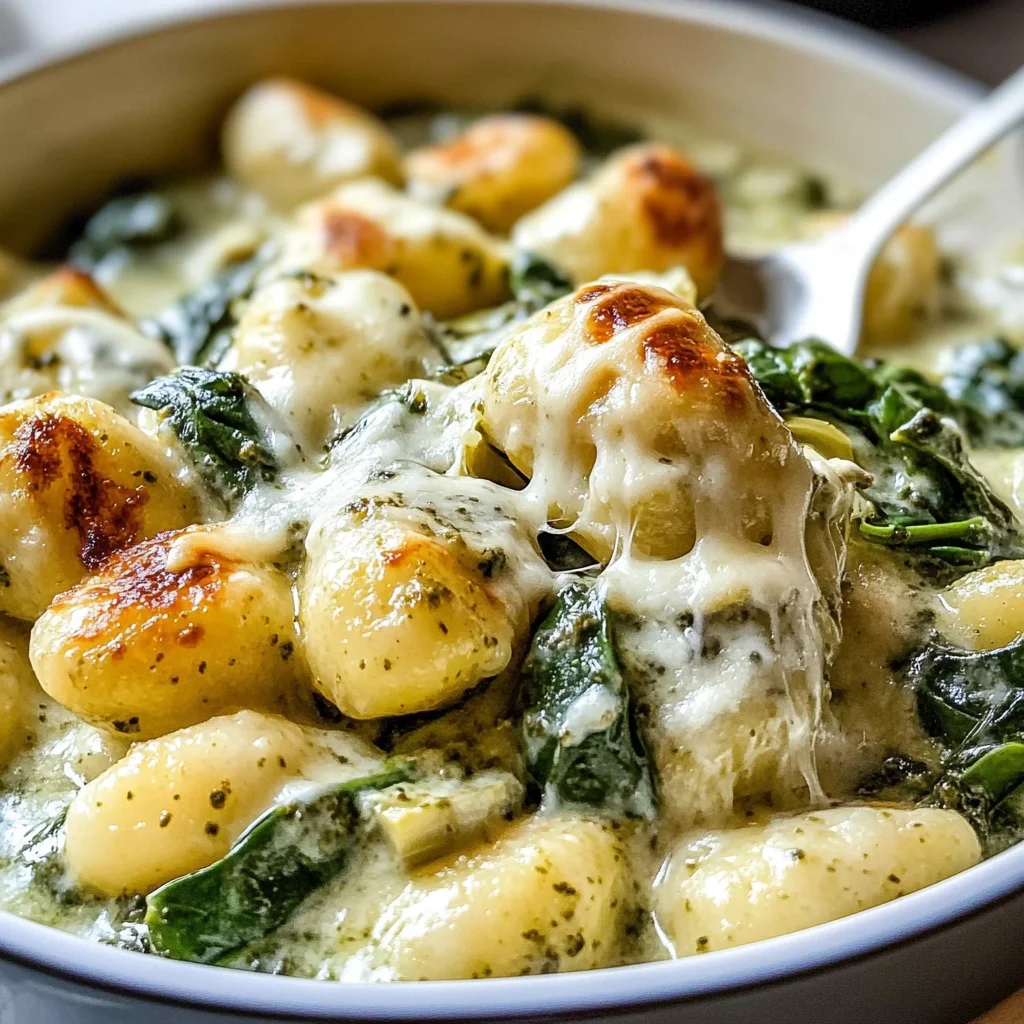 Creamy Pesto Gnocchi with Spinach and Artichokes