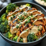 Grilled Chicken & Broccoli Bowls with Creamy Garlic Sauce