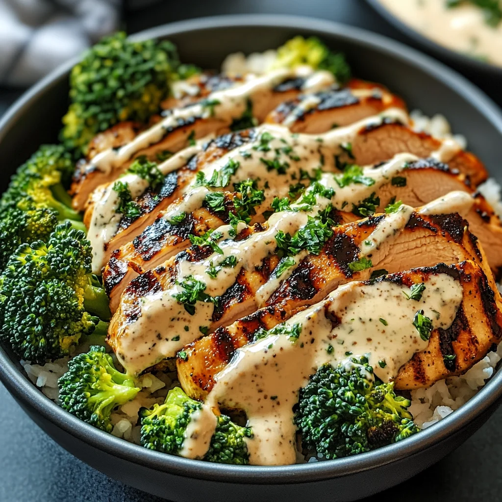 Grilled Chicken & Broccoli Bowls with Creamy Garlic Sauce