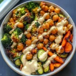 Roasted Veggie Chickpea Bowls with Maple Dijon Tahini Dressing