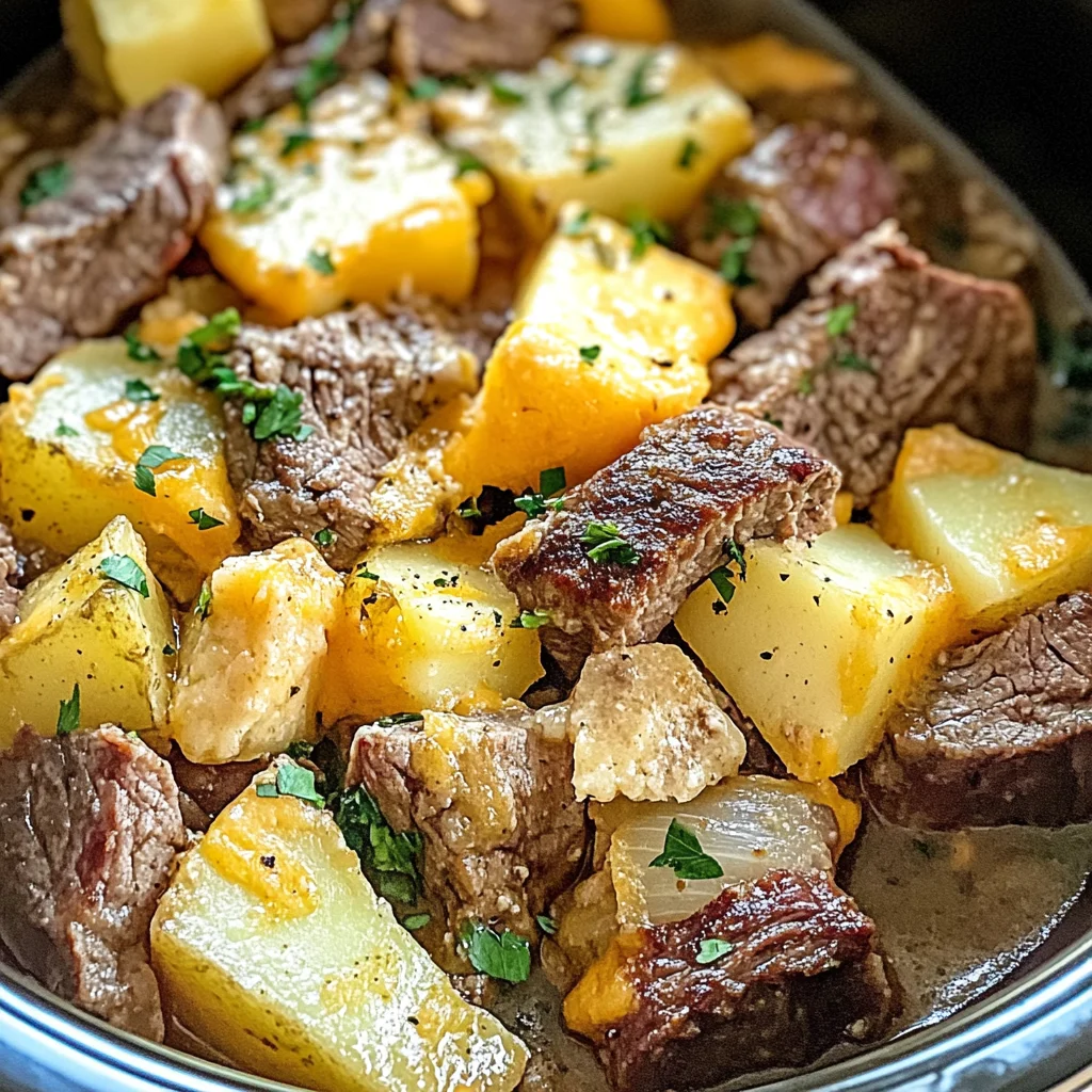 Slow Cooker Steak and Cheddar Potato Casserole