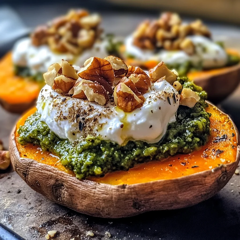 Stuffed Sweet Potatoes with Burrata, Toasted Walnuts & Sage Pesto